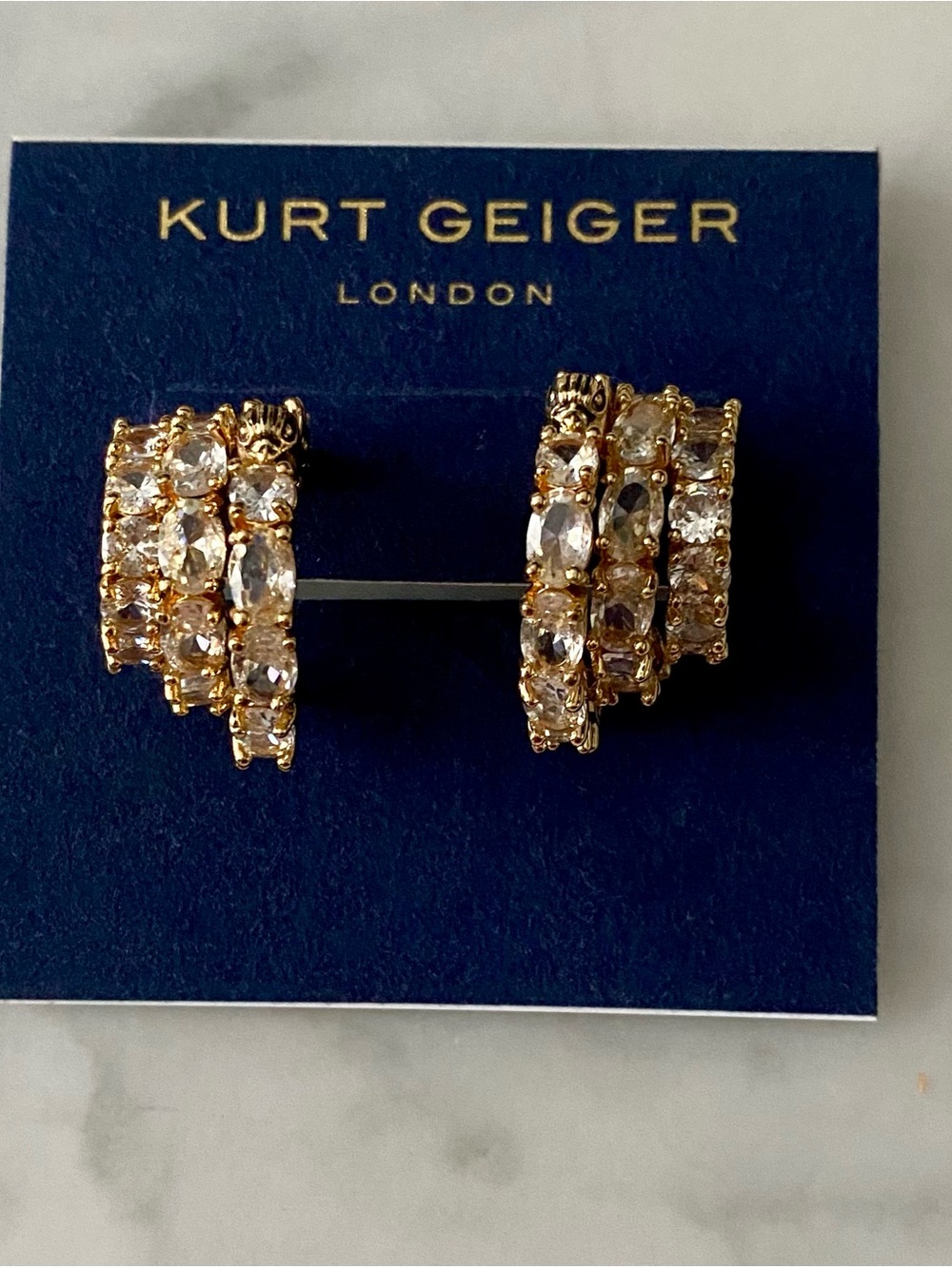 KURT GEIGER LONDON Eagle Triple Row Huggie  Clear Crystal Hoop Earrings New